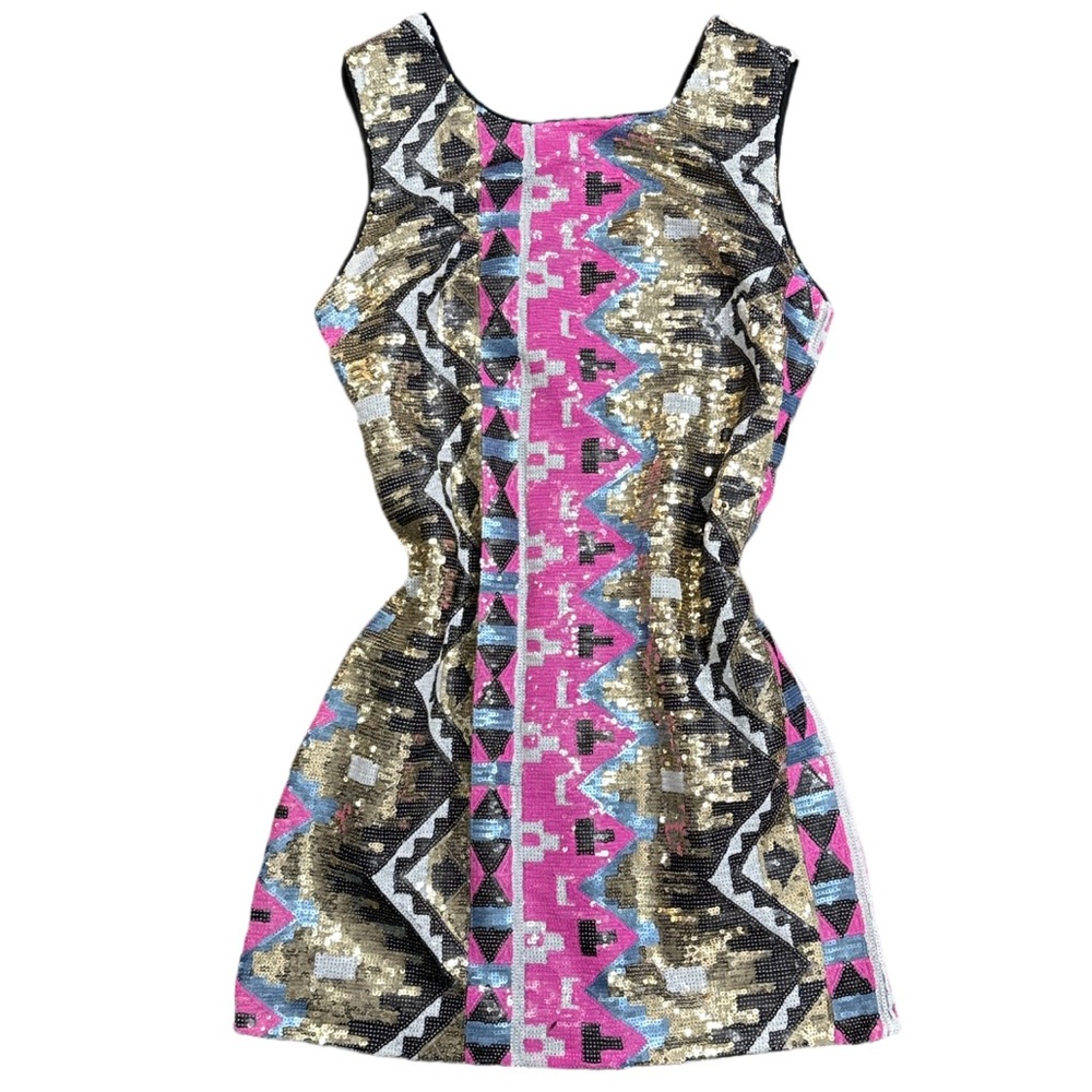 ARK & CO women's pink/multi fun sequin pattern mini dress, M.
